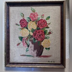Vintage Needlepoint Floral Bouquet Wall Art - Pink & Yellow Roses